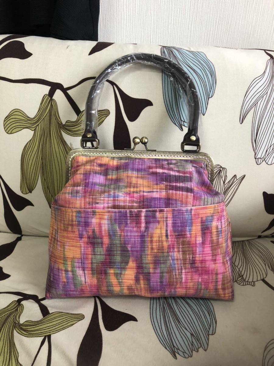 アンズルーム★ハンドメイド★着物　リメイク★がま口バッグ★ハンドバッグ★かばん★ピンク系★大きな口★中外ポケット