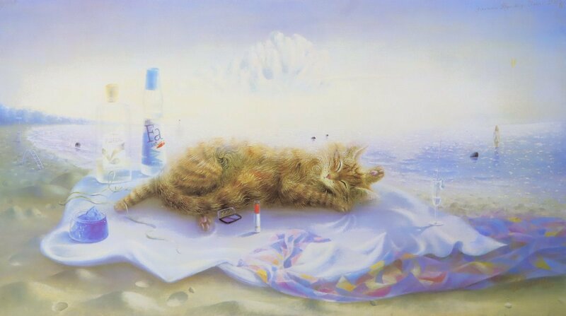 イロナ・ガンソヴスカヤ「バルトの海辺」クリスタルレリーフ AP185/250 / リトグラフシート ロシア画家 ソビエト絵画 猫