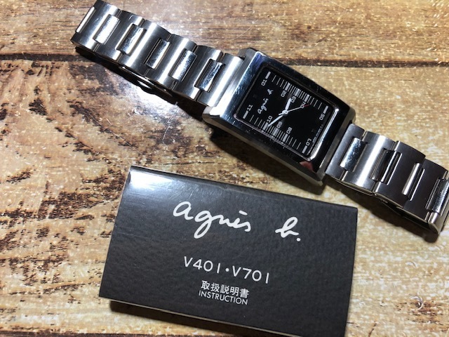 良好程度 agnes.b アニエスベー 角ケース ブラック文字盤 V701 純正SSブレス クオーツ メンズサイズ 腕時計