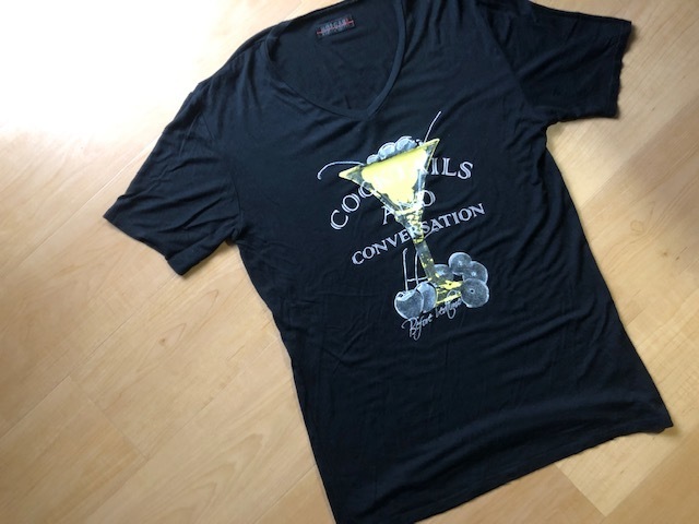 良品 MORGAN モルガン 半袖 Vネック Tシャツ カクテル COOKTAILS 黒 ブラック 綿95％×ポリウレタン メンズ サイズM