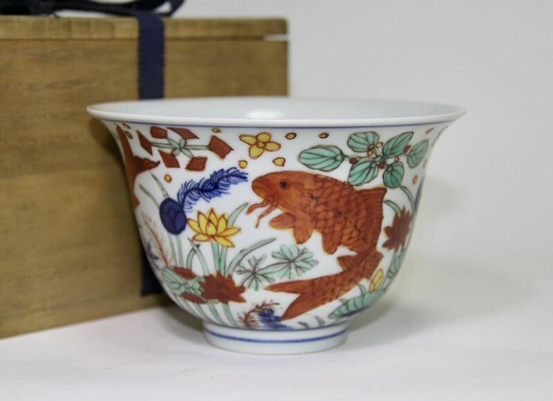 中国 明時代五彩魚藻文(大明嘉靖年製)在銘　茶碗 鉢茶道具 