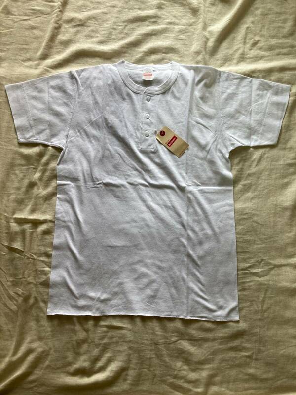 新品 Healthknit ヘンリーネック Tシャツ 日本規格 ヘルスニット 白 綿100％ M~L 猫目ボタン(検ビンテージ 0s コットン)