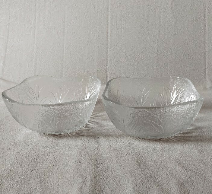 食器 レトロ ガラス製 器 盛り皿 ボウル 2個セット 大きい 重量感あり 葉模様 四角形