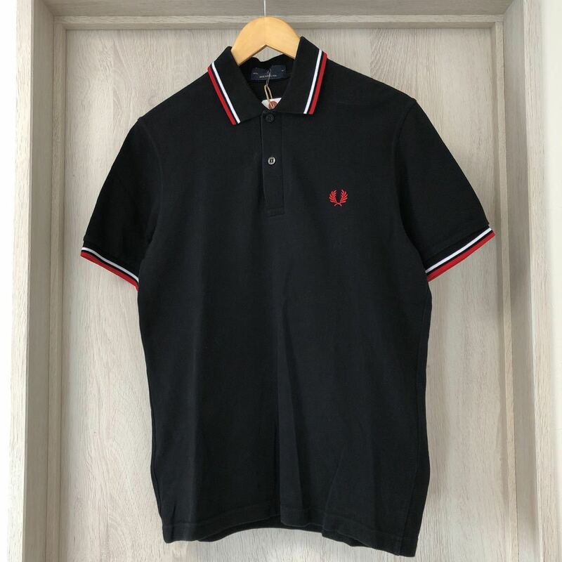 (k) FRED PERRY フレッドペリー 鹿の子 ライン ポロシャツ 半袖 イングランド製 38 黒 ブラック メンズ 