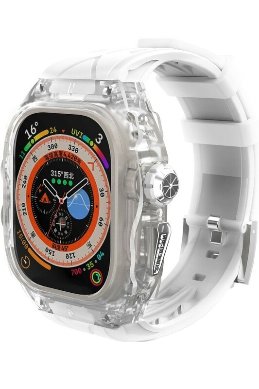 高級　軽量　透明　ケース　Apple Watch Ultra 高耐久 頑丈なケース シリコンストラップ 男性/女性用フル保護カバー (透明マット白)　