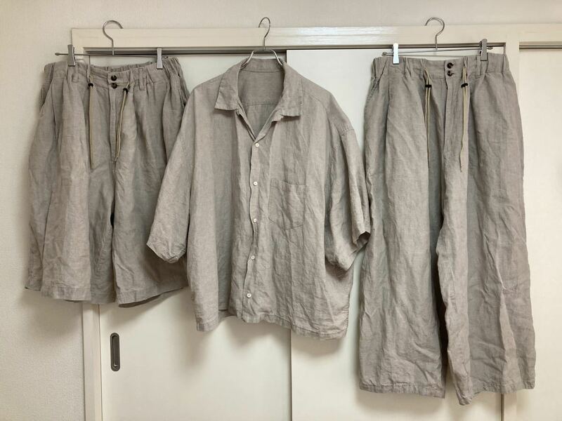 美品 Sillage Linen Collection 3点セット オープンカラー半袖シャツ＋パンツ＋ショーツ Greyフリーサイズ 麻100% セットアップ シアージ