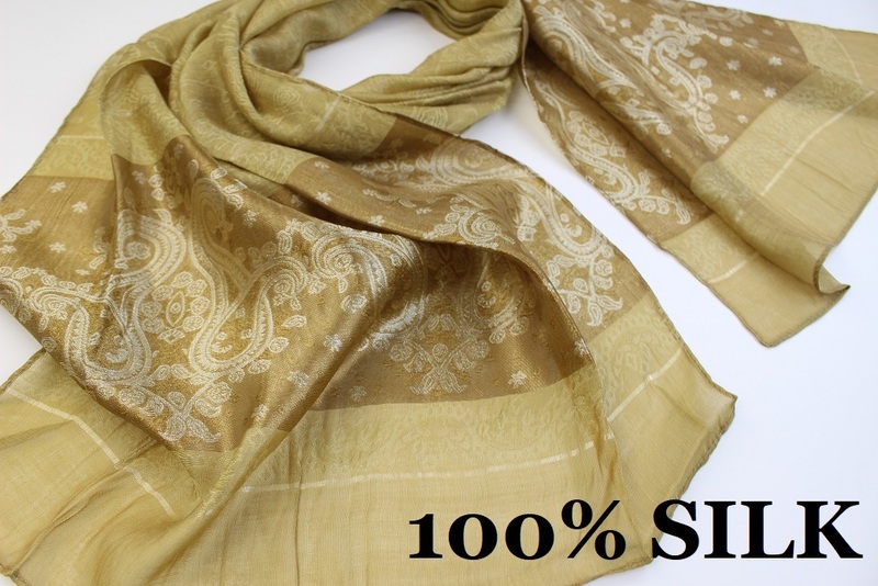 新品【SILK シルク100%】華 ペイズリー柄 薄手 スカーフ/ストール キャメルベージュ系 ゴールド ホワイト