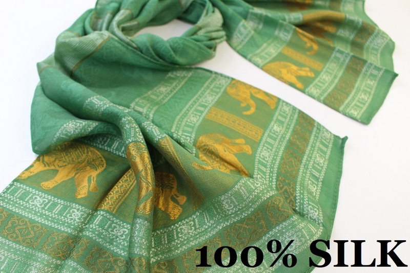 新品【SILK シルク100%】象 エレファント 幾何学柄 薄手 スカーフ/ストール グリーン系 ゴールド ホワイト