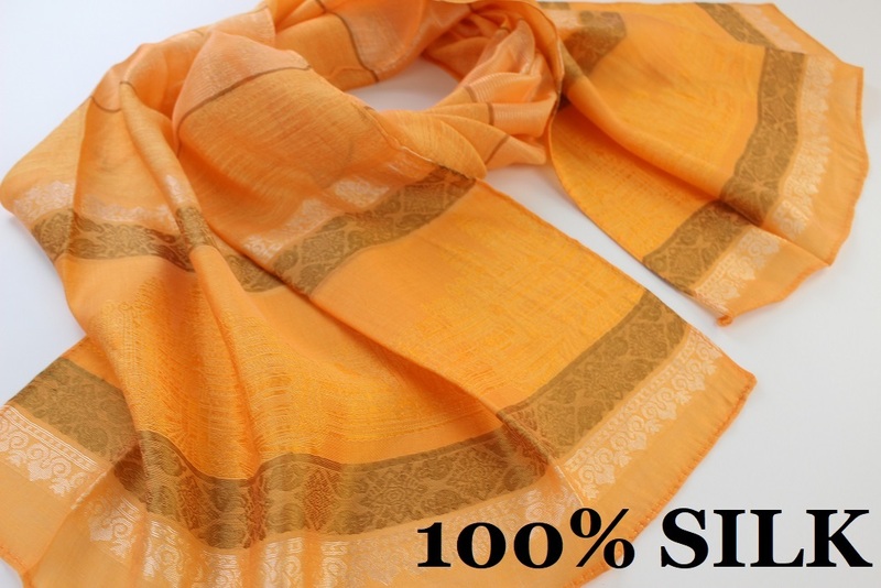新品【SILK シルク100%】アンコールワット 幾何学柄 薄手 スカーフ/ストール オレンジ系 ゴールド ホワイト