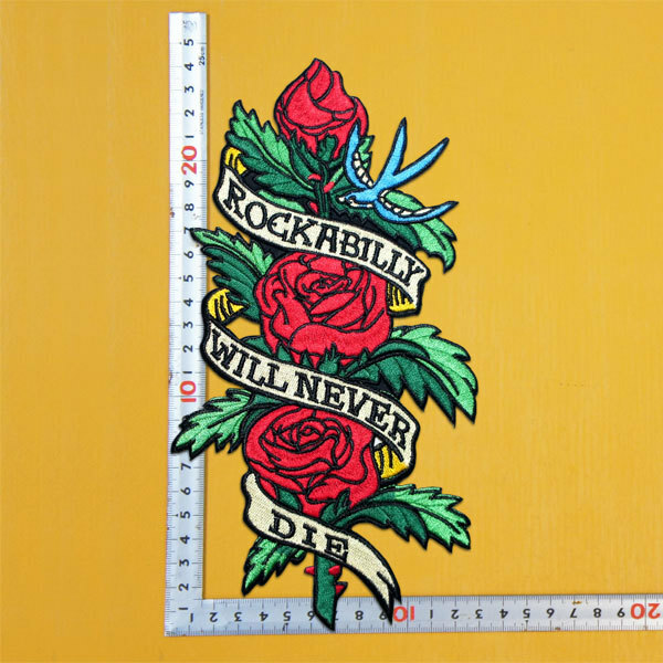 大きいワッペン 刺繍 アイロンワッペン【Rockabilly will never die/ロカビリーは永遠】タテ24.4cm ヨコ13cm アイロン 糊付き 薔薇 パッチ