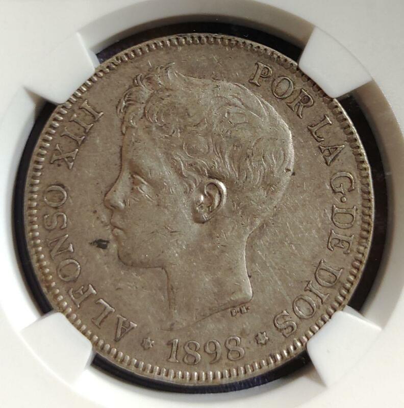 1898年 スペイン アルフォンソ13世 5ペセタ銀貨 NGC AU CLEANED アンティークコイン ヨーロッパ