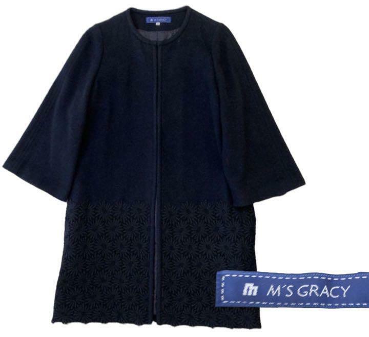 M'S GRACY ノーカラーコート フラワーレースデザイン 大人綺麗め