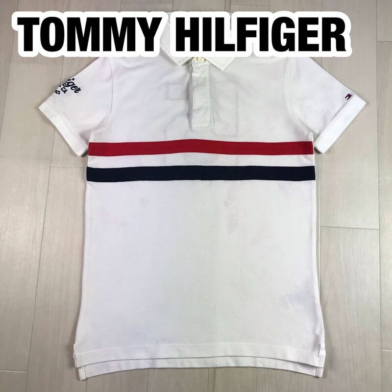 TOMMY HILFIGER トミーヒルフィガー 半袖ポロシャツ S ホワイト 刺繍ロゴ ワッペン