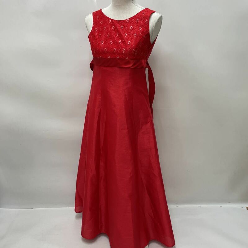 ゆめりすと ドレス サイズ13 レッド リボン 光沢 オーガンジー 異素材 ノースリーブ 発表会 ロングドレス カラードレス
