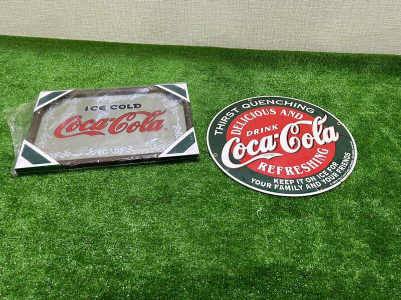 （S744) COCA-COLA コカ・コーラ パブミラー コカコーラ 壁掛け 鏡 アメリカン 雑貨 看板 長期保管品 現状品　未開封　セット