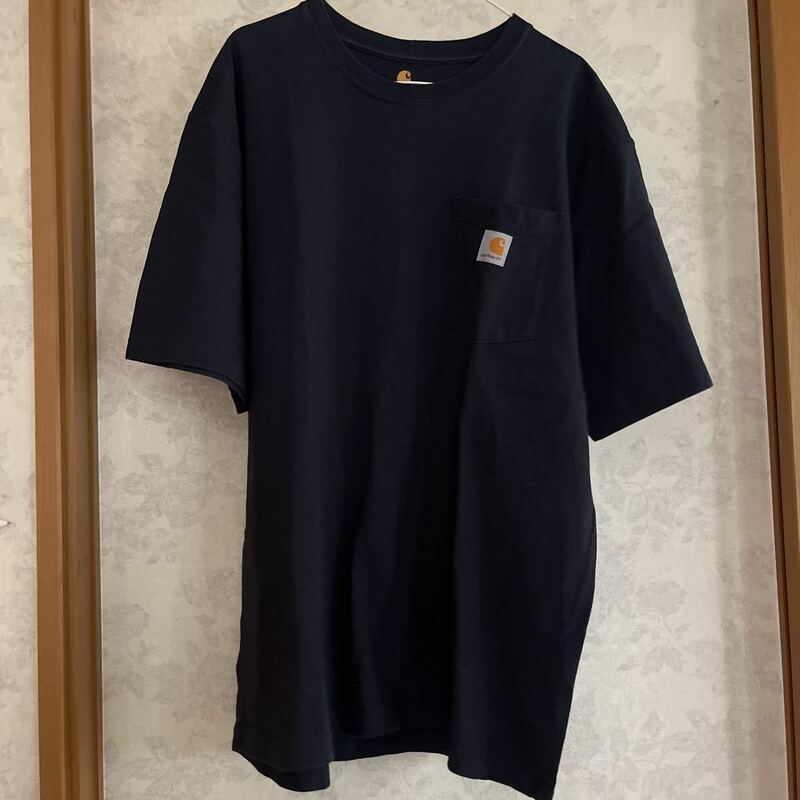 ★carhartt★半袖Tシャツ L 紺ネイビー 胸ポケット ワンポイント 綿100％　コットンシャツ