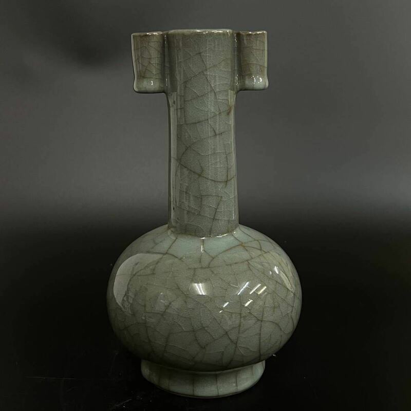 中国 古玩 南宋 長口 官窯 青磁 瓶 花瓶 飾瓶 古美術