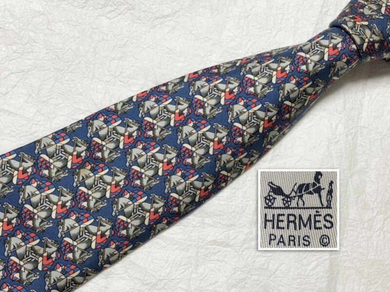 ■美品■HERMES エルメス　ネクタイ　騎手　競走馬　ジョッキー柄　シルク100% フランス製　ブルー×マルチカラー