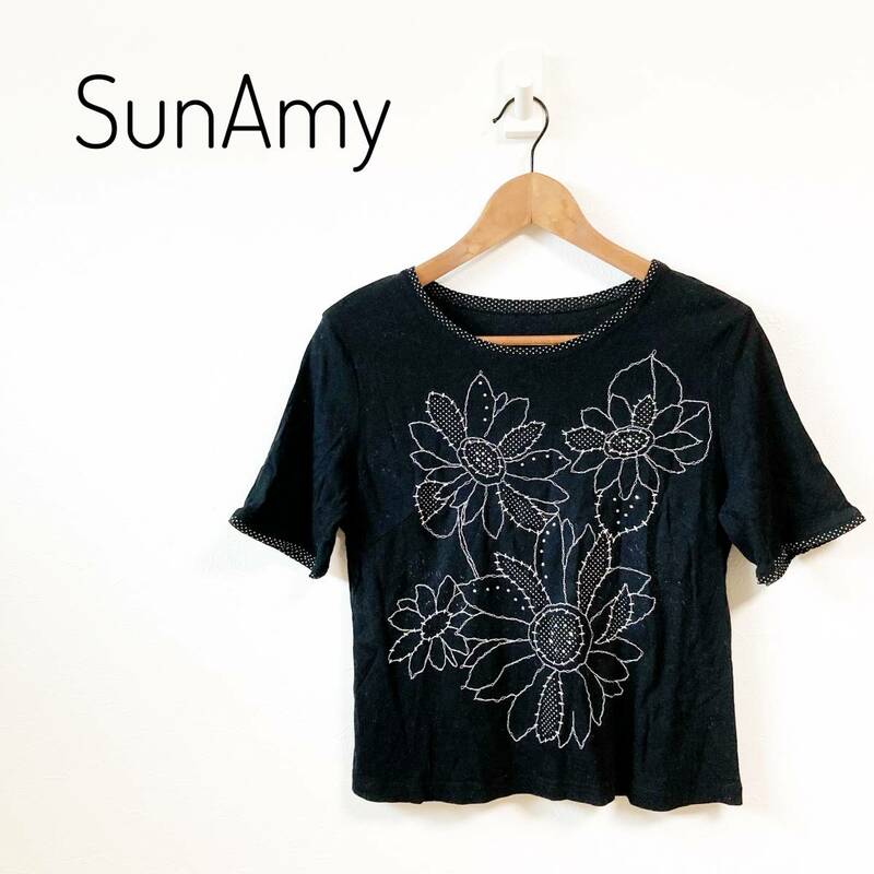 大きな花柄 SunAmy 半袖Tシャツ 花柄 スパンコール コットン100％ ブラック 黒 レディース カジュアル M L