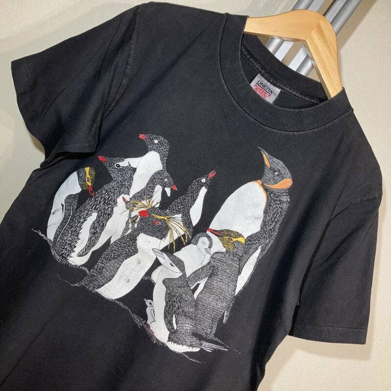 W609■USA製古着80s★ONEITAオニータ/ペンギン★黒/プリント★Tシャツ■US L