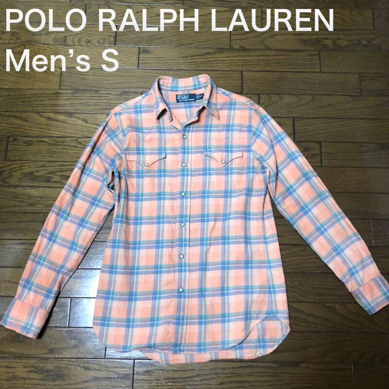 【送料無料】POLO RALPH LAUREN 長袖シャツ　オレンジチェック柄　メンズSサイズ　ポロラルフローレンネルシャツ