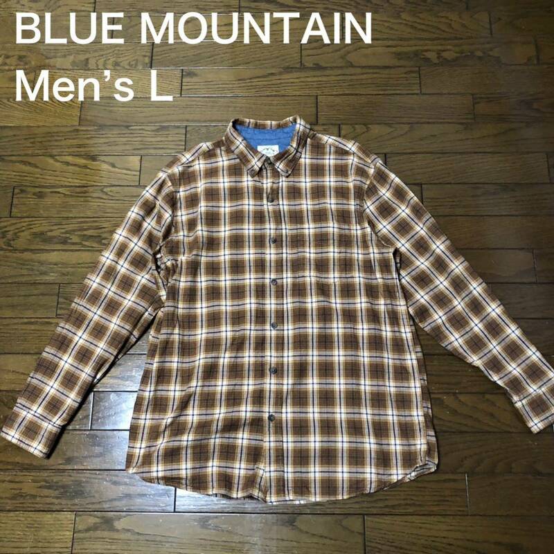 【送料無料】BLUE MOUNTAIN 長袖シャツ茶色チェック柄　メンズLサイズ　ブルーマウンテンアウトドア登山ネルシャツ