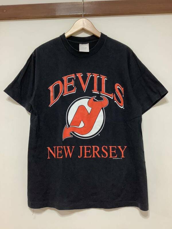 ゆ1199 USA製 NHL DEVILS デビルズ 90's プリントTシャツ 半袖Tシャツ L ブラック ロゴ ストリート