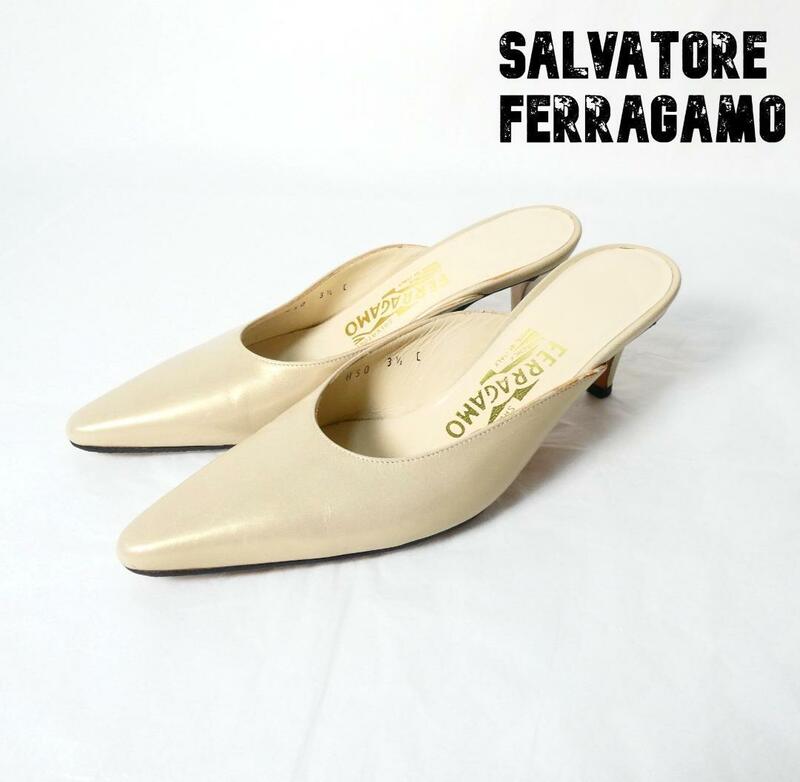 良品 綺麗 Salvatore Ferragamo サルヴァトーレフェラガモ 3.5C 約21㎝ ポインテッドトゥ ハイヒール パンプス ミュール レザー アイボリー