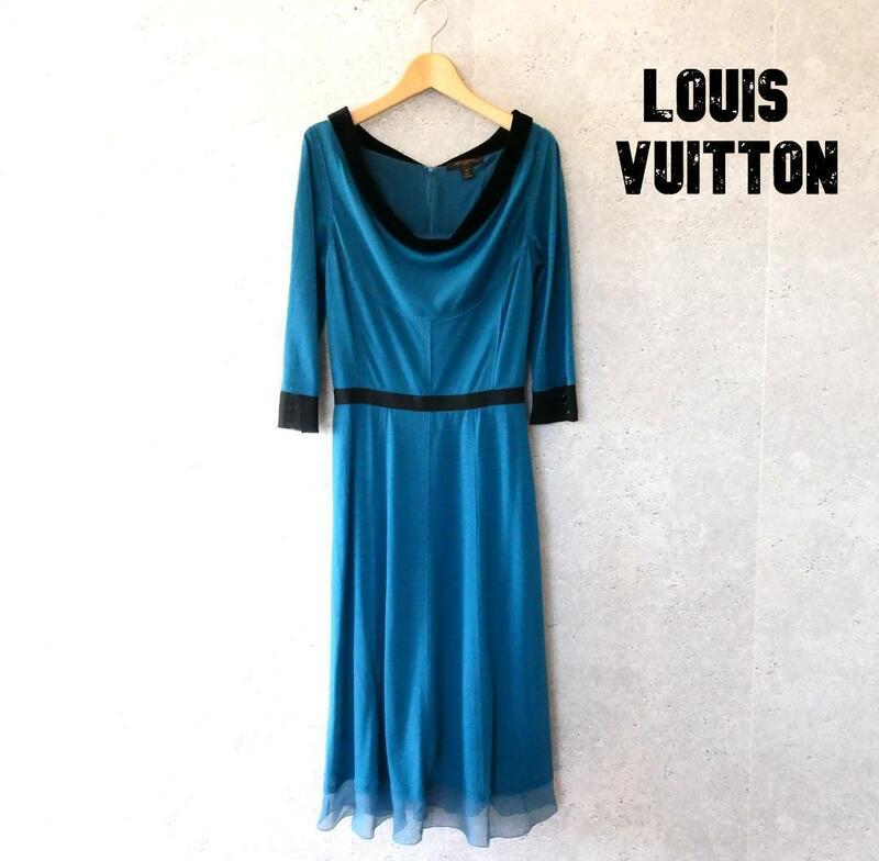 美品 LOUIS VUITTON ルイヴィトン サイズ34 バックリボン 七分袖 ロング丈 ミモレ丈 フレアワンピース ドレス ブルー系