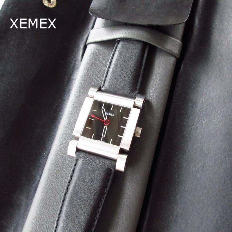 希少 美品 XEMEX ゼメックス レザーベルト 黒文字盤 バックスケルトン 裏透け 自動巻き スクエア 腕時計 ウォッチ ブラック×シルバー色