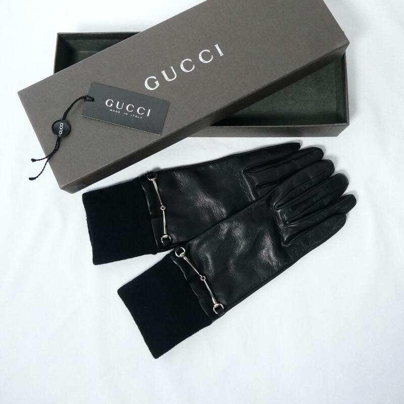 極美品 GUCCI グッチ サイズ7 グローブ 手袋 ナッパレザー×カシミヤ 裏地シルク ホースビット 黒 ブラック