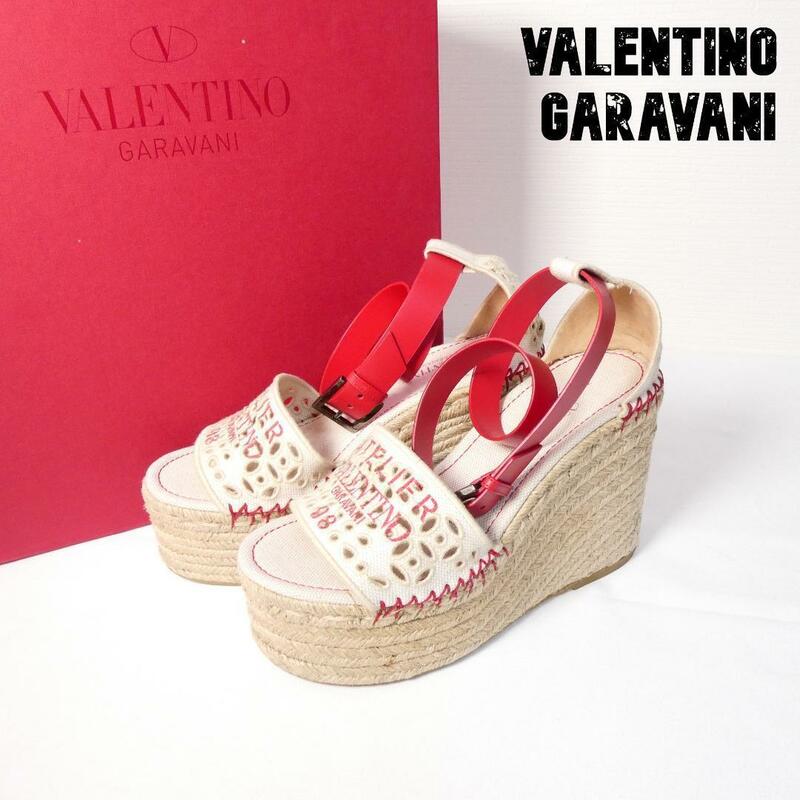 極美品 VALENTINO GARAVANI ヴァレンティノガラヴァーニ 36.5 23.5㎝ ロゴ 刺繍 ストラップ 厚底 ウェッジソール サンダル アイボリー