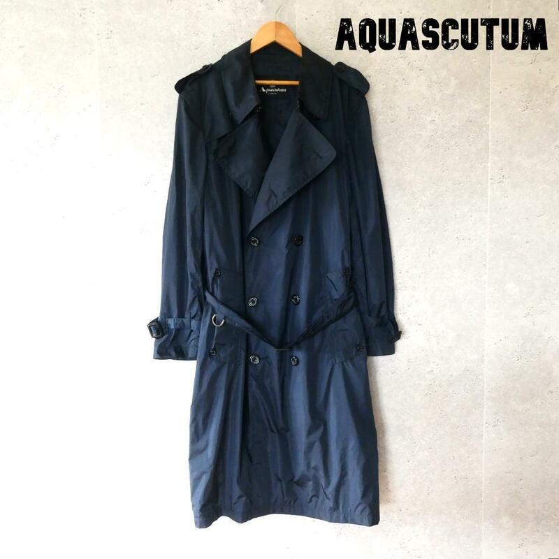 良品 Aquascutum アクアスキュータム サイズ42 ウエストベルト ナイロン ロング丈 トレンチコート スプリングコート 紺 ネイビー