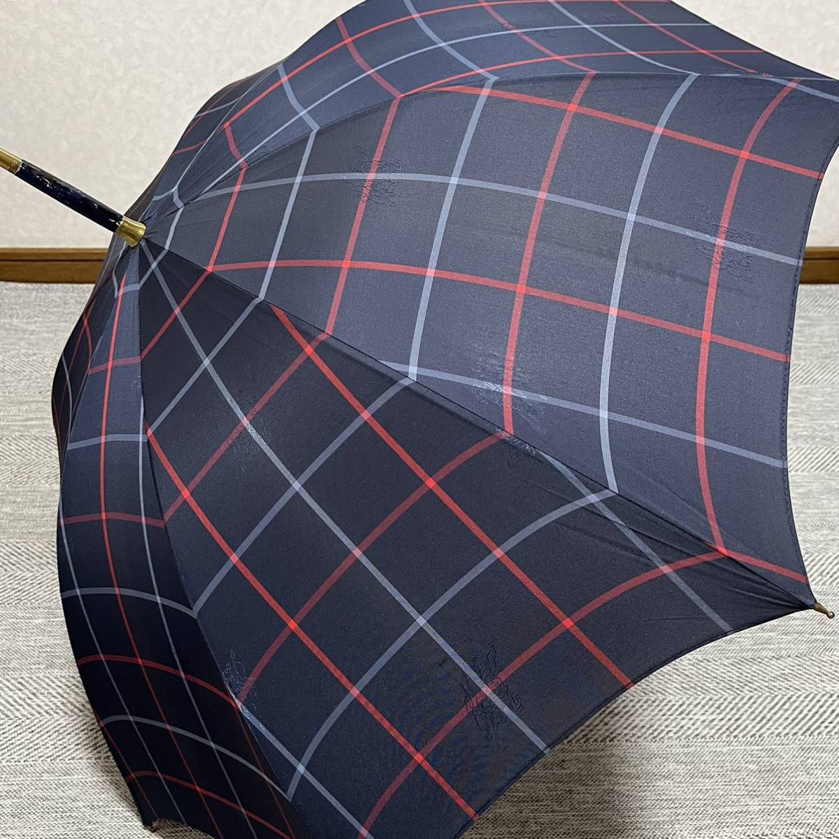 希少　Burberrys オールドバーバリー　チェックネイビー　シャドーホース総柄　英国製　イングランド　長傘　男女兼用　晴雨兼用