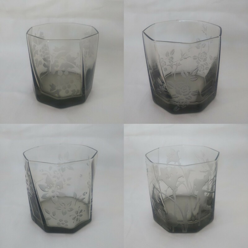 すりガラス 八角グラス ロックグラス 4コ 柄違い 色ガラス 葡萄 バラ 天使