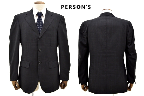 L1024★PERSON'S FOR MEN パーソンズ フォー メン★春夏秋 ダークグレー チェック柄 ３つボタン シングルジャケット ブレザー YA-Ｌ