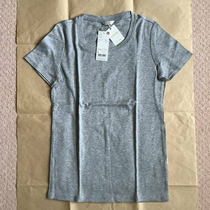 ユニクロ★EXTRA FINE COTTON WOMEN フライスクルーネックT(半袖)　03 Gray　Lサイズ　タグ付き未着用です。