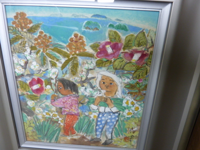 値下げ　森崎伯霊　兵庫県　姫路　　農村の花のある風景画　　農村婦人画　　優しい人間味のある絵　　ほのぼのとした感じの絵　