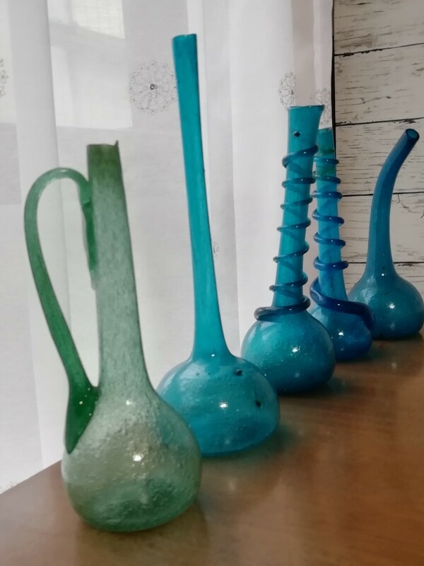 手作り 気泡 ガラス製 ボトル 5点セット 工芸品 アンティーク ハンドメイド インテリア 一輪挿し BLUE BUBBLE GLASS BOTTLE 送料込み