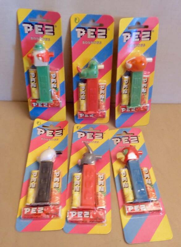 【USA★PEZ★ペッツ】ヴィンテージ6点セット★ホイッスル（Merry Music Maker）ピエロ/パンダ/ロバ/鳥/サイ/タイガー★未開封