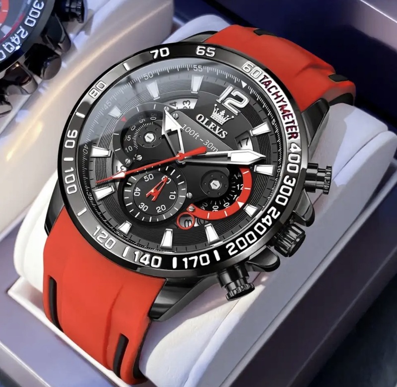 OLEVS メンズ 腕時計 高品質 クオーツ カジュアル スポーツ ファッショナブル ウォッチ 9936 クロノグラフ 防水 時計 レッド