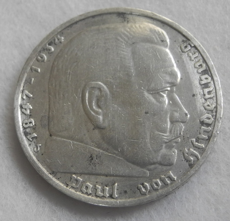 ドイツ 第三帝国 5ライヒスマルク 銀貨 1936年 J 5マルク ヒンデンブルク 美品！ ナチスドイツ ヒトラー アンティーク