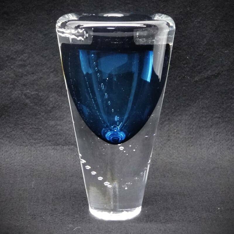 G57 北欧 ヴィンテージ 気泡 ガラス オブジェ 作家物 ブルー フラワーベース 花瓶