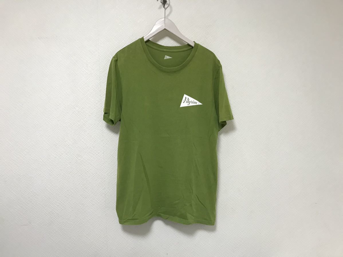 本物ピルグリムPilgrimコットンロゴプリント半袖Tシャツメンズサーフアメカジミリタリーワークグリーン緑Lアメリカ製