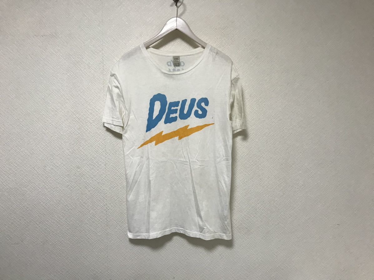 本物デウスDEUSコットンロゴプリント半袖Tシャツメンズサーフアメカジミリタリーワーク白ホワイトM