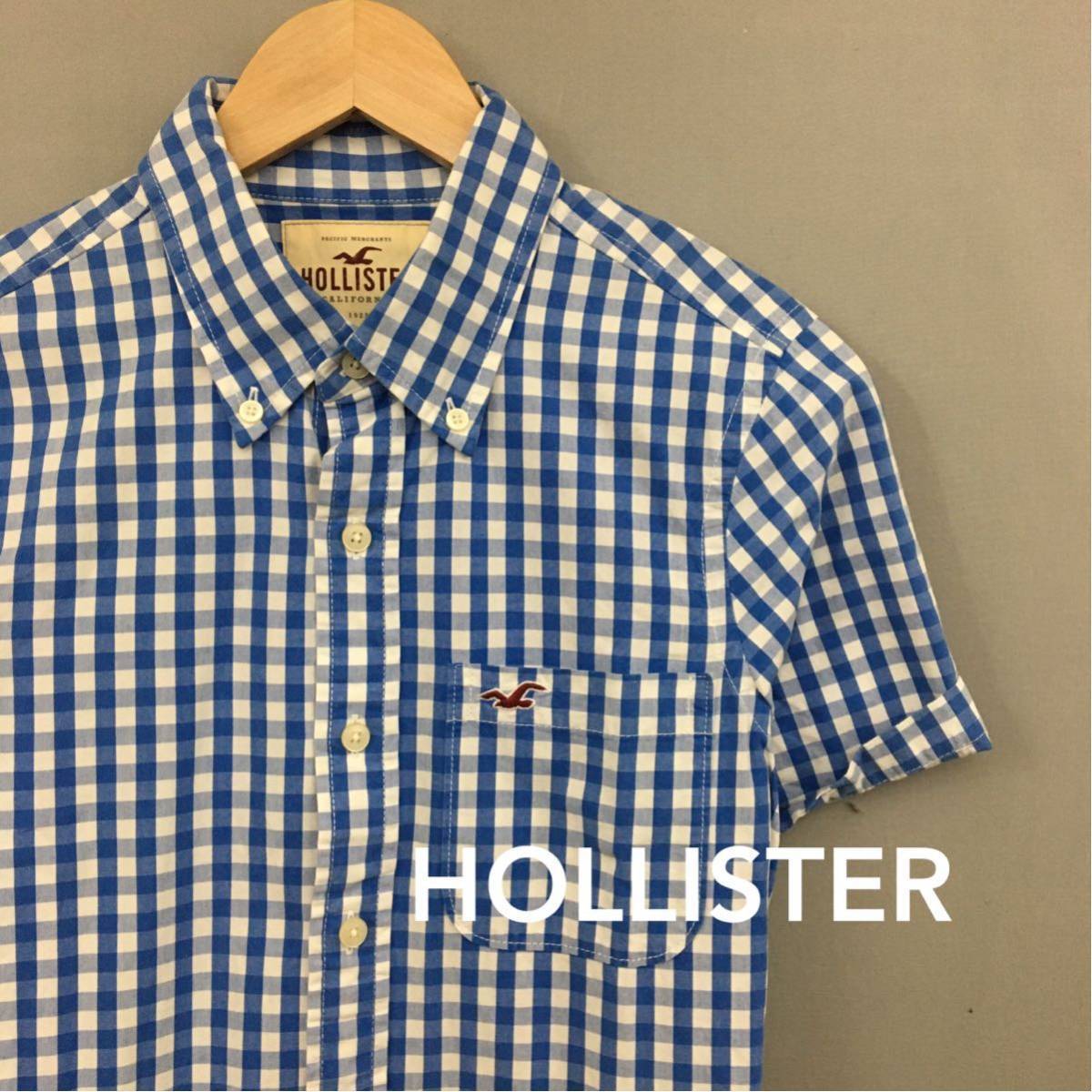 【美品・良品】ホリスター HOLLSTER ボタンダウンシャツ 半袖 トップス ギンガムチェック柄 カモメロゴ ブルー メンズ 男性用 Sサイズ ￡▼