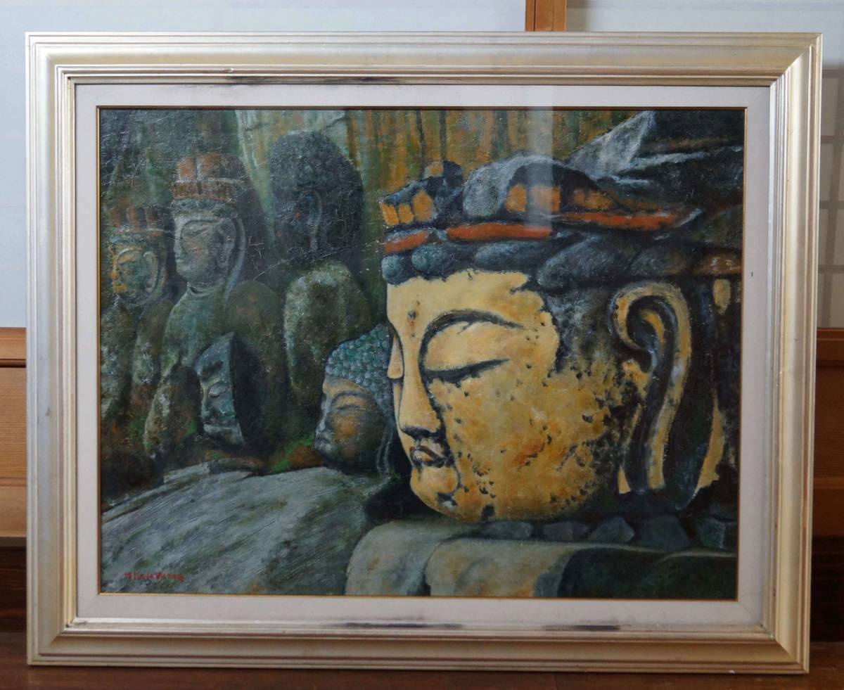 【閑】角山盛三作 油絵『臼杵の石仏』 P15油彩画 油絵木製額縁 真作★時代物★5D0903