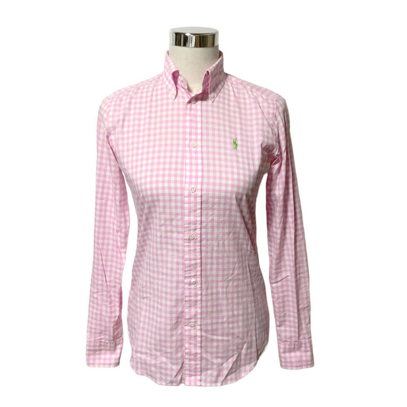 Ralph Lauren ラルフローレン ボタンダウンシャツ ギンガムチェック 長袖 4 白 ピンク ポニー刺繍 レディース A24