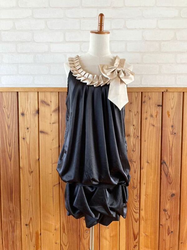 リボン レディース ワンピース 38 Mサイズ位 ノースリーブ フォーマル パーティドレス 黒 ブラック 結婚式 onepiece dress ②