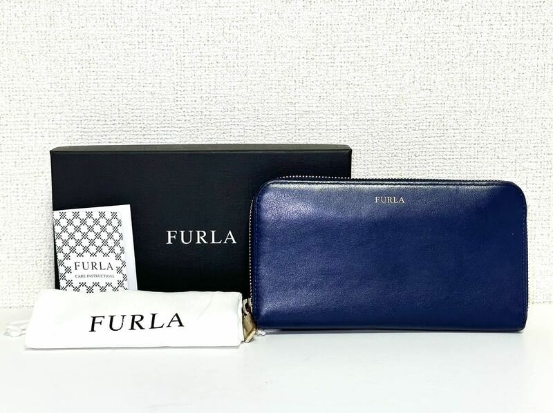 即決 /箱付/FURLA /フルラ/長財布/ロングウォレット/ネイビー/レディース/シンプル/ラウンドファスナー/ブルー/カジュアル/オフィス